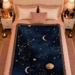 Celestial Woven Blanket, Moon & Stars Throw Constellation Astrology Decor, Night Sky Cosmic Gift - thumbnail 2