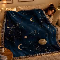 Celestial Woven Blanket, Moon & Stars Throw Constellation Astrology Decor, Night Sky Cosmic Gift - thumbnail 3