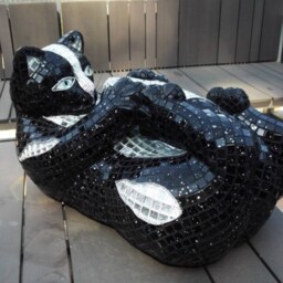 Mosaic Cat Sculpture - Handmade Art Deco Mosaic & Glass Unique Piece For Indoor/Covered Outdoor Use - thumbnail 3