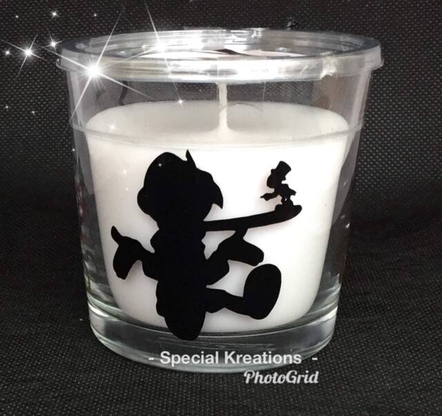 Pinochio & Jiminy Cricket Candle With Re-Usable Glass Holder, Birthday, Wedding, Christening - image 1
