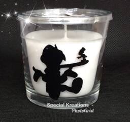 Pinochio & Jiminy Cricket Candle With Re-Usable Glass Holder, Birthday, Wedding, Christening - thumbnail 1