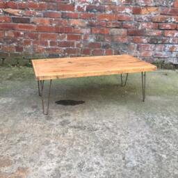 Rustic Pine Wood Hairpin Coffee Table. Low Level Table, Tv, Console Side Unit. Steel Industrial Hair Pin Legs Customisable Wood Stain