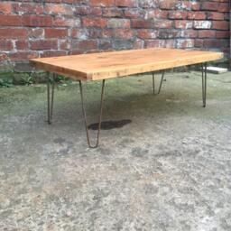 Rustic Pine Wood Hairpin Coffee Table. Low Level Table, Tv, Console Side Unit. Steel Industrial Hair Pin Legs Customisable Wood Stain - thumbnail 2
