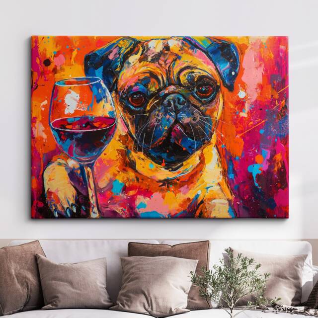 Pug Toasting Drink Glasses Dog Pet Art Abstract Oil Painting Framed Poster Print & Canvas Wall Living Home Decor Interior Gift - image 1