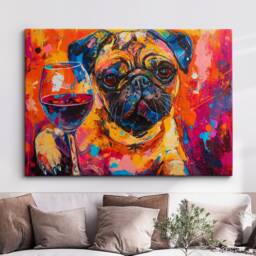 Pug Toasting Drink Glasses Dog Pet Art Abstract Oil Painting Framed Poster Print & Canvas Wall Living Home Decor Interior Gift