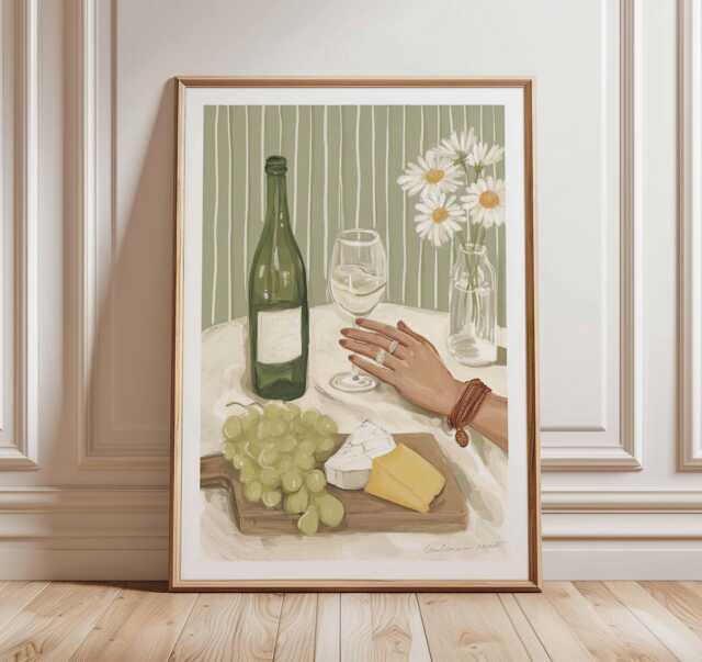Wine & Cheese Wall Art, Gouache Painting, French Kitchen Print, Green Stripe Decor Poster, Dining Room Art, Elegant Wine Lover Gift - image 1