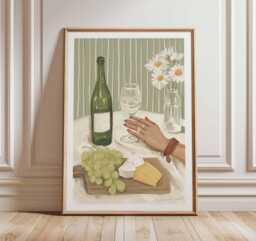Wine & Cheese Wall Art, Gouache Painting, French Kitchen Print, Green Stripe Decor Poster, Dining Room Art, Elegant Wine Lover Gift - thumbnail 1