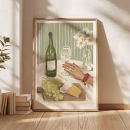 Wine & Cheese Wall Art, Gouache Painting, French Kitchen Print, Green Stripe Decor Poster, Dining Room Art, Elegant Wine Lover Gift - thumbnail 3