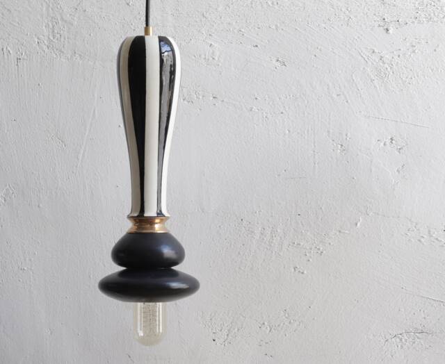 Hanging Black & White Ceramic Lamp, Handmade Lampshade Design, Unique Light Fixture Gift - image 1