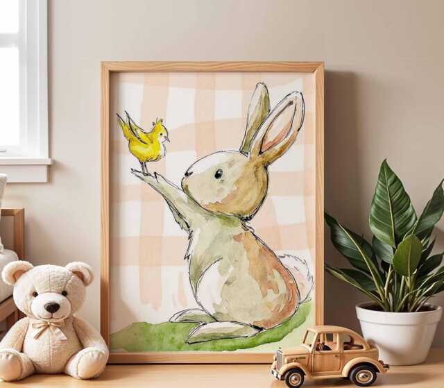 Bunny Nursery Poster, Baby Animal Wall Art, Kids Room Print, Rabbit & Bird Artwork, Playroom Decor Illustration - image 1