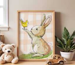 Bunny Nursery Poster, Baby Animal Wall Art, Kids Room Print, Rabbit & Bird Artwork, Playroom Decor Illustration - thumbnail 1