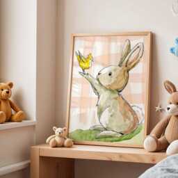 Bunny Nursery Poster, Baby Animal Wall Art, Kids Room Print, Rabbit & Bird Artwork, Playroom Decor Illustration - thumbnail 3