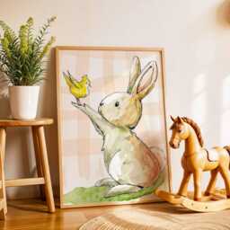 Bunny Nursery Poster, Baby Animal Wall Art, Kids Room Print, Rabbit & Bird Artwork, Playroom Decor Illustration - thumbnail 2