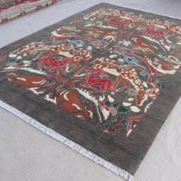 6x8 Animal Hunting Area Rug, Dark Brown Afghan Nomadic Pictorial Handmade Wool Gabbeh One Of A Kind Rugs For Living Room - thumbnail 2