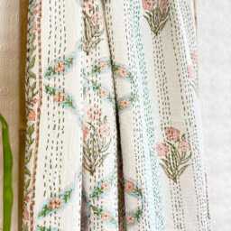 Kantha Stitch Pure Cotton Reversible Bed/Sofa Throw King Size - Handmade Handprinted Floral Dohar White Peach - thumbnail 2
