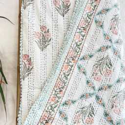 Kantha Stitch Pure Cotton Reversible Bed/Sofa Throw King Size - Handmade Handprinted Floral Dohar White Peach - thumbnail 4