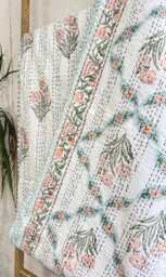 Kantha Stitch Pure Cotton Reversible Bed/Sofa Throw King Size - Handmade Handprinted Floral Dohar White Peach - thumbnail 1