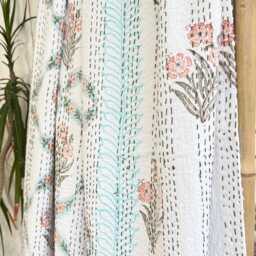 Kantha Stitch Pure Cotton Reversible Bed/Sofa Throw King Size - Handmade Handprinted Floral Dohar White Peach - thumbnail 3