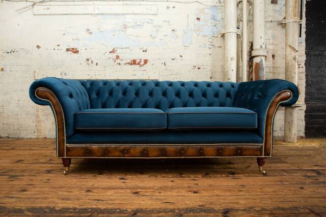 British Handmade 3 Seater Ocean Navy Blue Velvet With Antique Tan Leather Chesterfield Sofa - image 1