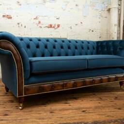 British Handmade 3 Seater Ocean Navy Blue Velvet With Antique Tan Leather Chesterfield Sofa - thumbnail 3