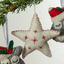 Handcrafted Wool Felt Star Ornament - White With Red Stitch Detail - thumbnail 2
