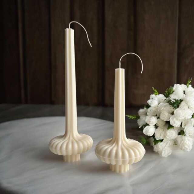 Ribbed Pillar Candle Decor Set 2 Lamp Shape Striped Taper Wedding Table Handmade Neutral Home & Gift - image 1