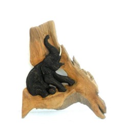 "Natural Teak Wood Carving Sitting Elephant Art Home Decor Wall Hanging Wooden Hand Carved/Gift 17"" X 12.75"