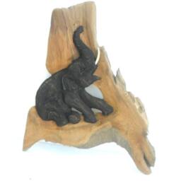 "Natural Teak Wood Carving Sitting Elephant Art Home Decor Wall Hanging Wooden Hand Carved/Gift 17"" X 12.75" - thumbnail 3