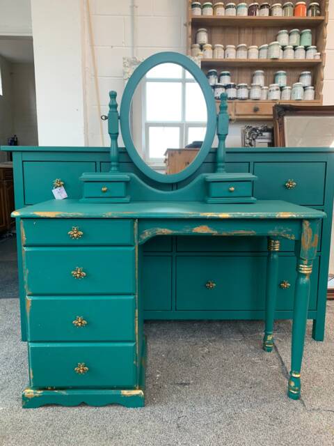 Dressing Table Painted Bespoke Moroccan Geometric Gold Leaf Bee Elephant Handles Stencilled - image 1