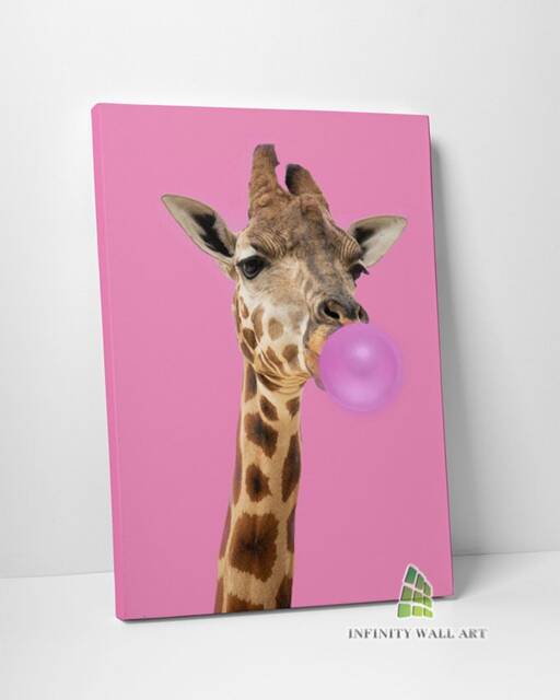 Giraffe Blowing Pink Bubble Gum Canvas Art Wall Print Picture Fashion Framed Home Decor -D153 - image 1