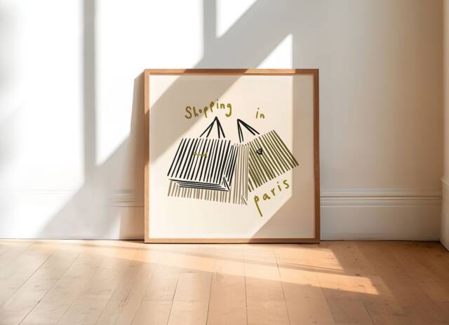 Shopping in Paris Print, Ink Bleed Style, Quirky Poster, Trendy Wall Art, Living Room Dressing Unframed - image 1