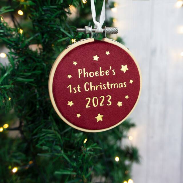 Baby's First Christmas Bauble Tree Decoration. New Child's 1st Xmas Velvet Hanging Embroidery Hoop Ornament For New Parent Gift - image 1