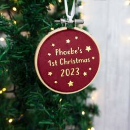 Baby's First Christmas Bauble Tree Decoration. New Child's 1st Xmas Velvet Hanging Embroidery Hoop Ornament For New Parent Gift