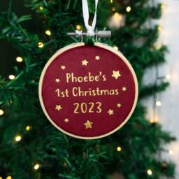 Baby's First Christmas Bauble Tree Decoration. New Child's 1st Xmas Velvet Hanging Embroidery Hoop Ornament For New Parent Gift - thumbnail 2