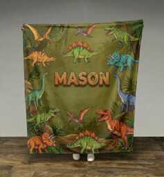 Personalized Dinosaur Blanket, Custom Name Throw For Boys, Dino Birthday Gift, Jurassic Nursery Decor - thumbnail 1