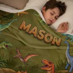 Personalized Dinosaur Blanket, Custom Name Throw For Boys, Dino Birthday Gift, Jurassic Nursery Decor - thumbnail 3
