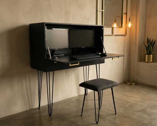 Mid Century Inspired Secretary Desk - Black & Gold Bespoke Build Bureau, Hudson - image 1