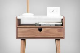 Mid Century Nightstand Bedside Table With Drawer in Walnut & Carrara Marble Top