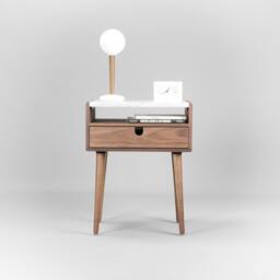 Mid Century Nightstand Bedside Table With Drawer in Walnut & Carrara Marble Top - thumbnail 2