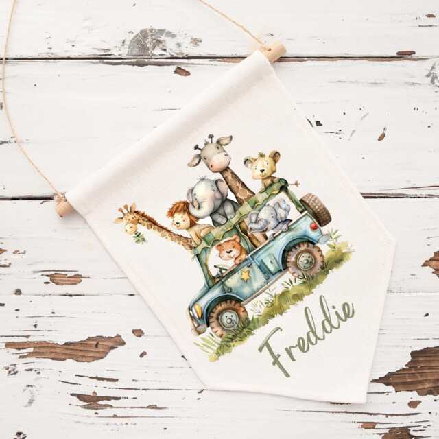Personalised Safari Wall Hanging, Linen Flag, Baby Nursery Gift, Keepsake - image 1