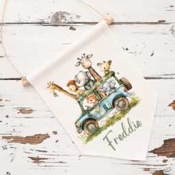 Personalised Safari Wall Hanging, Linen Flag, Baby Nursery Gift, Keepsake - thumbnail 1