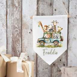 Personalised Safari Wall Hanging, Linen Flag, Baby Nursery Gift, Keepsake - thumbnail 2