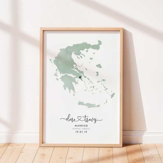 Engagement Map Print, Destination Travel Map, Personalised Gift, Watercolour Wedding Greece Print - image 1
