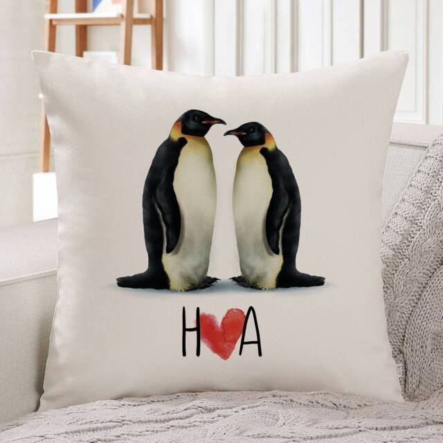 Personalised Penguin Love Cushion Cover With Initials/Cute Couple Housewarming Gift Gift For Her Wife & Husband