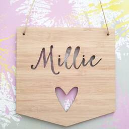 Personalised Flag Name Wooden Wall - Door Hanging-Heart-Wall Art-Wooden Sign-Custom Name-Kids Gift-Baby Gift-Lasercut-Flag-Plaque - thumbnail 3