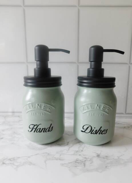 Glass Soap Dispensers in Sage Green & Black, Kitchen Accessories, Kilner Jars - image 1