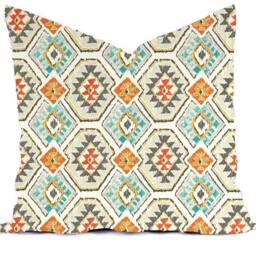 Modern Geometric Pillow Cover - Blue, Orange, Grey Ikat Indoor/Outdoor - thumbnail 3