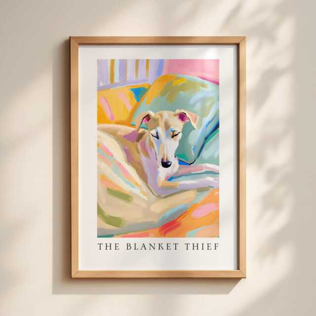 "Whippet Puppy Wall Art Print Bedtime Scene - ""The Blanket Thief" - image 1