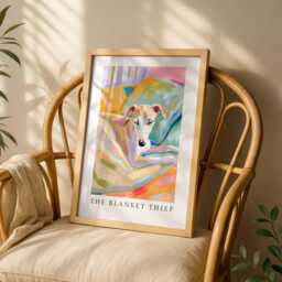 "Whippet Puppy Wall Art Print Bedtime Scene - ""The Blanket Thief" - thumbnail 3