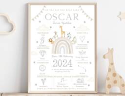 On The Day You Were Born Personalised Baby Keepsake Print - New Boy Girl Unisex Gift Safari Rainbow Birth Details - thumbnail 1